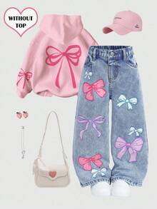 SHEIN Young Girl' Colorful Bow Decor Loose Fit Blue Denim Pants - Light Wash - View 1