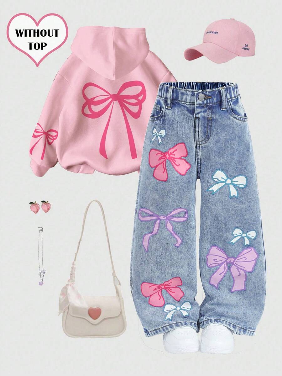 SHEIN Young Girl' Colorful Bow Decor Loose Fit Blue Denim Pants - Light Wash - View 1