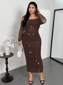 Firerie Đầm maxi trễ vai màu nâu thanh lịch đính ngọc trai nhún bèo ôm sát tôn dáng cho ngày lễ tình nhân dành cho nữ cỡ lớn - màu nâu - Xem 5