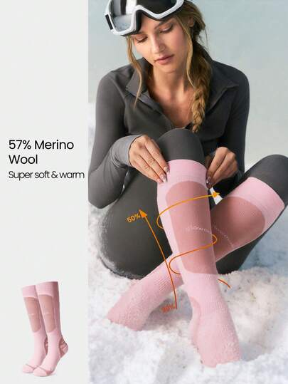 GLOWMODE 1-Pair Skiing Collection Frost Ease Cozy Warm Merino-Wool Blend Arch Ankle Support Cuffs Seamless Toe Knee-High Socks Outdoor Autumn Winter Daily Active Wear