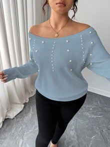 Elenzga Pearl Embellished Off-Shoulder Sweater, Combining Softness And Elegance - Blue - View 3