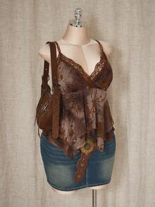 SHEIN ICON 女士加大码性感度假复古波西米亚风植物系列田园风棕色网纱花朵植绒拼接蕾丝V领串珠不对称下摆吊带背心 - 彩色 - 查看 10