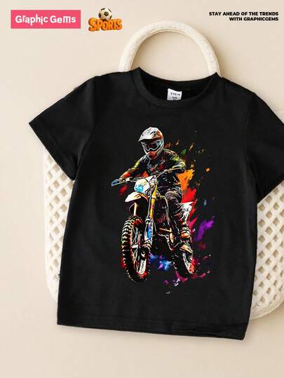 GraphicGems Young Boy Motorcycle Graphic Print Round Neck Short Sleeve Black T-Shirt Young Boys Clothing 4t