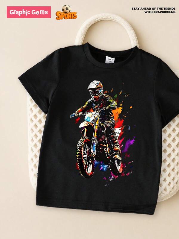 GraphicGems Young Boy Motorcycle Graphic Print Round Neck Short Sleeve Black T-Shirt Young Boys Clothing 4t
