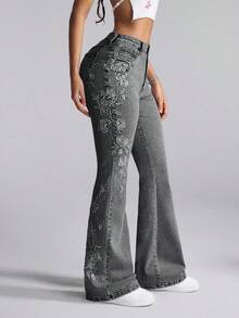 SHEIN PETITE Quần jeans ống loe thêu hoa thường ngày dành cho nữ - Xám - Xem 6