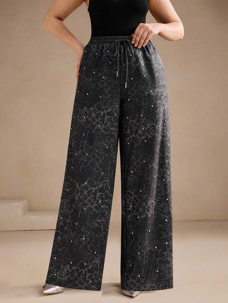 Women's Elegant Leopard Print Rhinestone Embellished Sweatpants, Autumn/Winter