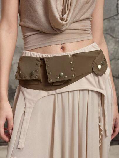 ROMWE 1pc Vintage Hippie Style Multi-Pocket Waist Bag With Rivet Decor Wide Waistband Belt For Women
