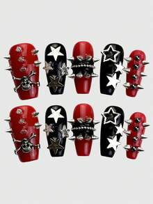 Anime 10pcs Y2K Cute Heart, Star, Bow, Wing Nail Art Stickers With Tape - Black red - View 1