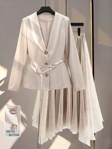 SHEIN Franclia 女士优雅 V 领单排扣长袖西装外套和不对称网眼裙套装 - 杏色 - 查看 1