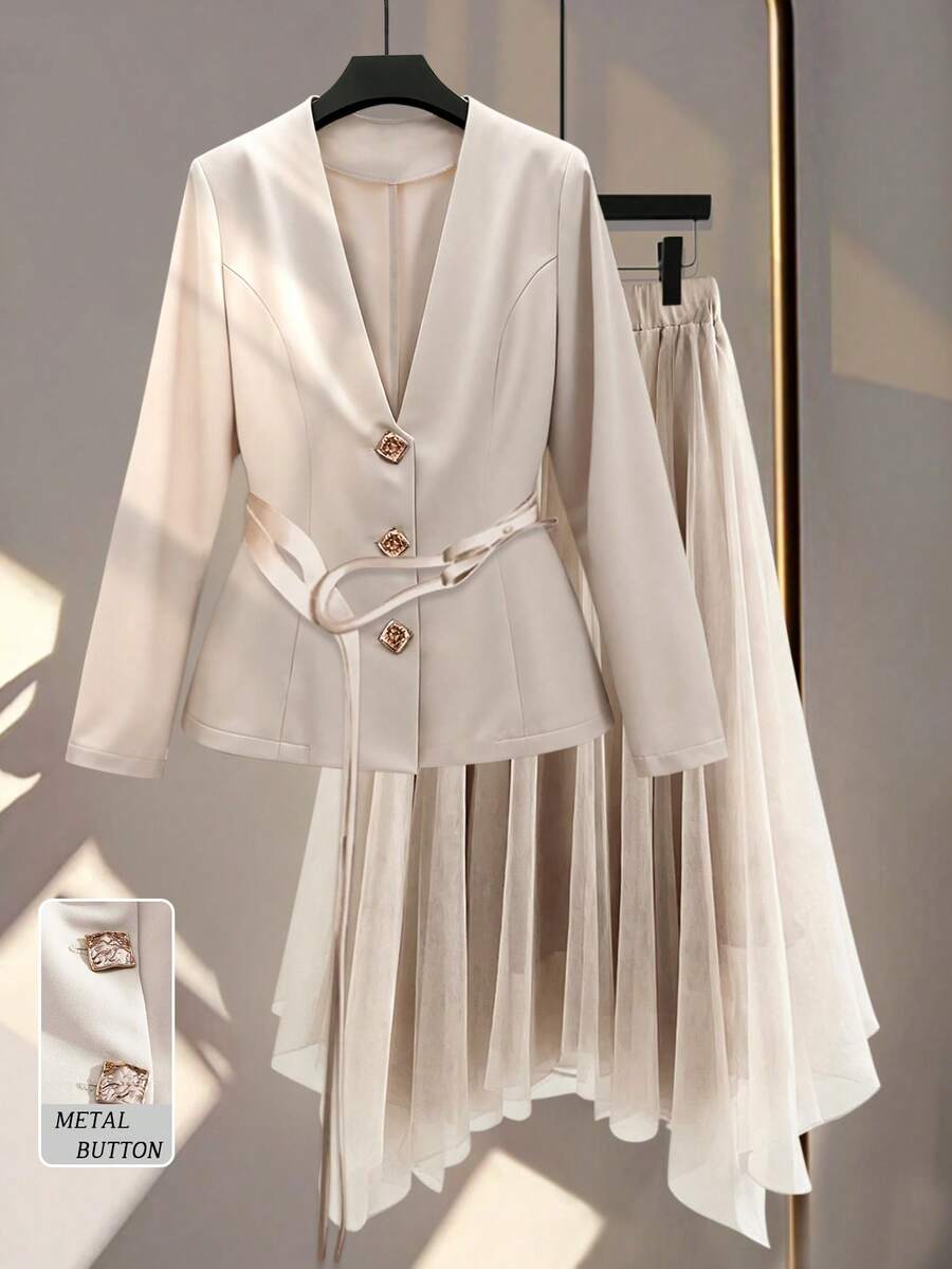 SHEIN Franclia 女士优雅 V 领单排扣长袖西装外套和不对称网眼裙套装 - 杏色 - 查看 1