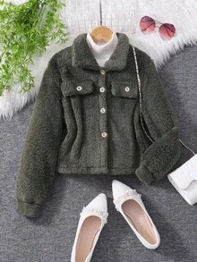 Solid Color Long Sleeve Collar Faux Fur Jacket For Tween Girl Fall Winter - Army Green - View 12