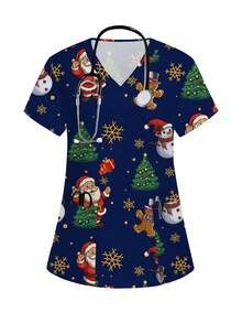 PopScrub Women's Christmas Tree & Santa Claus Print V-Neck Short Sleeve Scrub Uniform Top - Multicolor - View 1