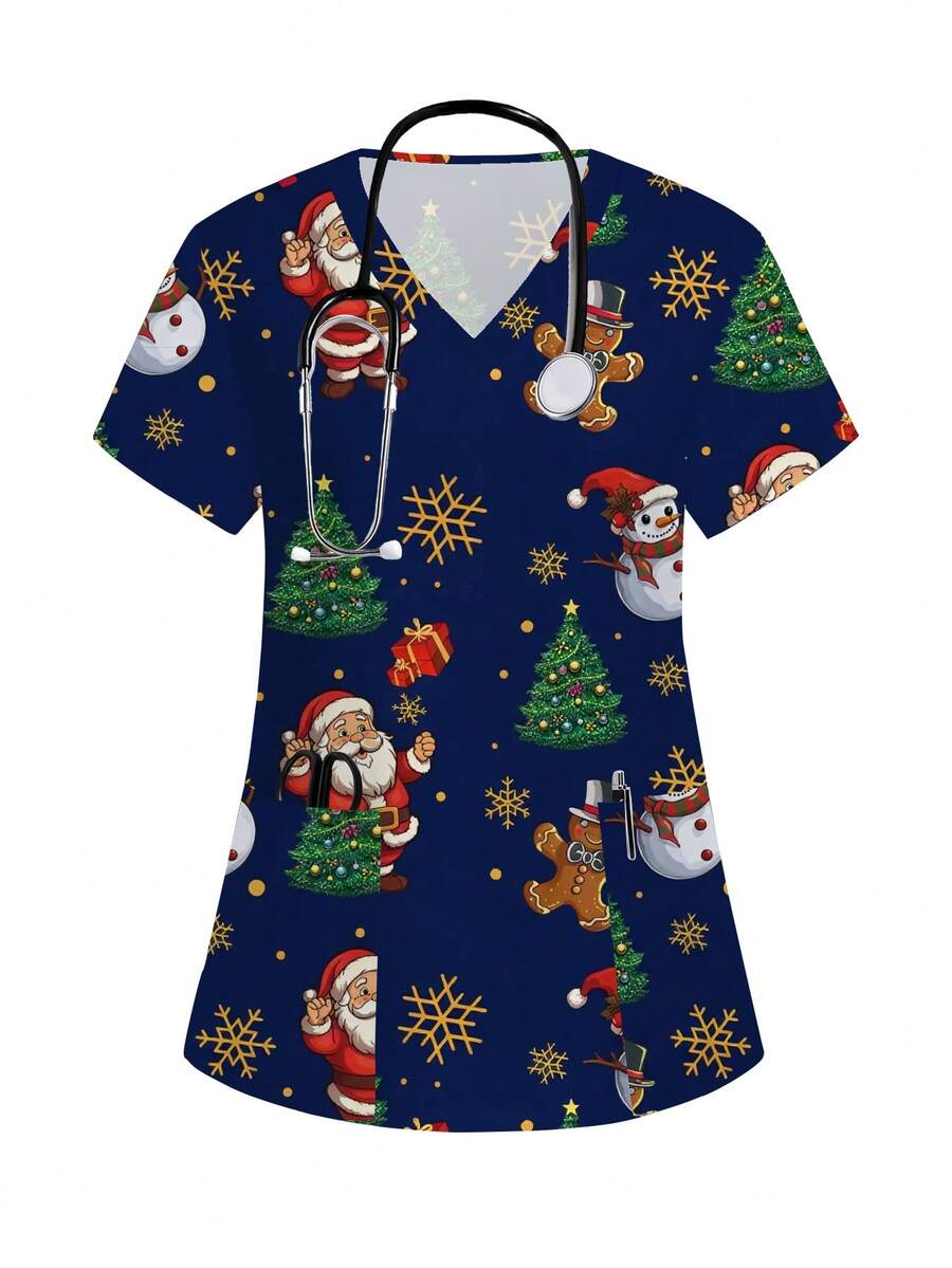 PopScrub Women's Christmas Tree & Santa Claus Print V-Neck Short Sleeve Scrub Uniform Top - Multicolor - View 1