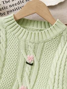 SHEIN Vintaside Kids 女童手工刺绣花卉针织落肩短款毛衣，适合秋冬季外套 - 綠色 - 查看 7