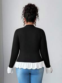 SHEIN CURVE+ Plus Size Monochrome Patchwork Minimalist Commuter Shirt, Autumn/Winter - Black and White - View 3