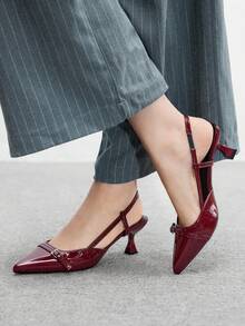 CUCCOO BIZCHIC 尖头小猫跟时尚勃艮第酒红色日常百搭通勤女士高跟鞋带踝带，适合工作、购物、办公室 - 酒紅色 - 查看 3