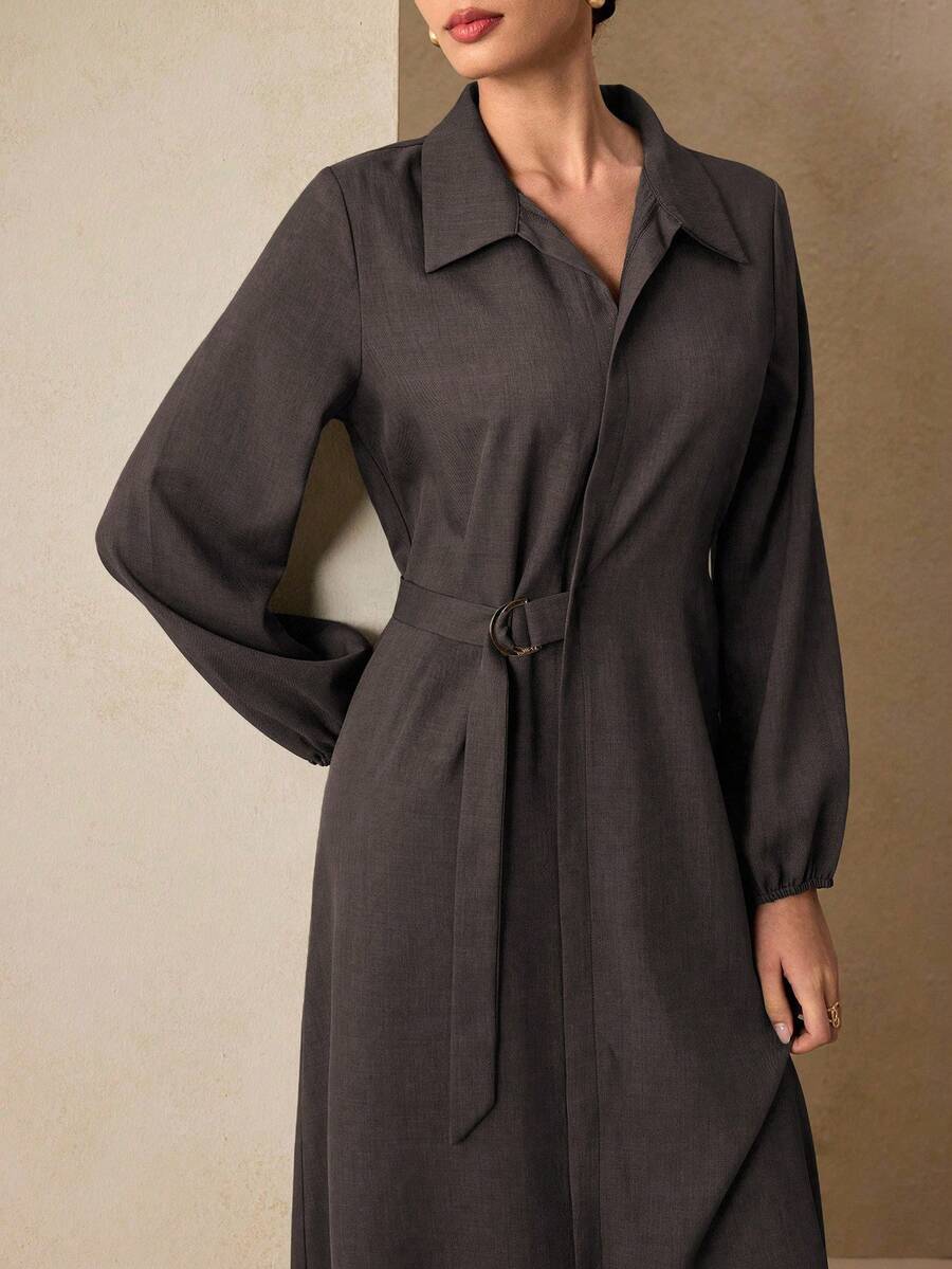 Graceveil 绿色金属装饰腰部收紧长袖优雅连衣裙 - 咖啡 - 查看 1