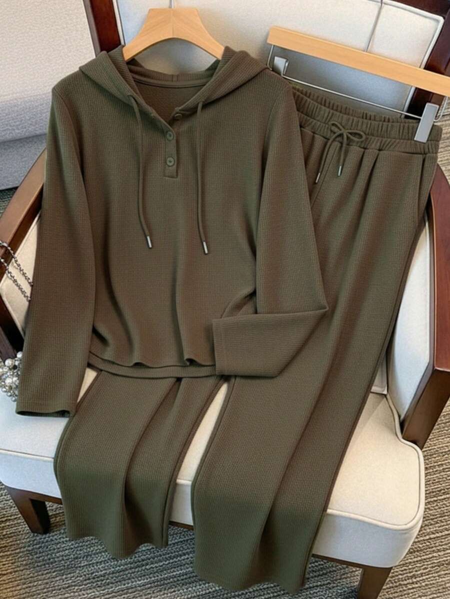 Franclia Fashionable Minimalist Hooded Half-Zip Sports Set - Olive Green - View 1