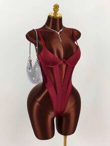 Amplova 女士纯色细肩带镂空性感无袖紧身衣 - 紅色 - 查看 6