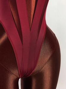 Amplova 女士纯色细肩带镂空性感无袖紧身衣 - 紅色 - 查看 8