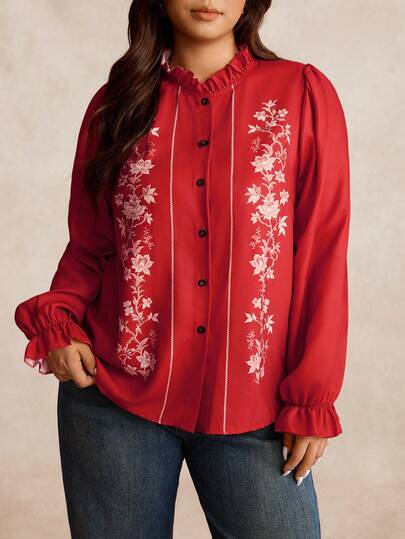 Nubod Camisa de algodón y lino de manga larga con botones, estampado de bordado falso, para vacaciones casuales, talla grande, para mujer, otoño/invierno, color rojo