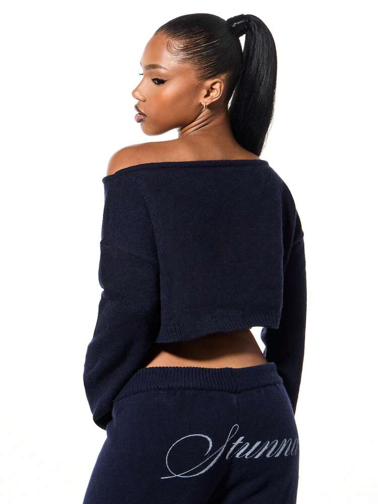 SUMWON WOMEN Off Shoulder Cropped Knit Sweater With Script