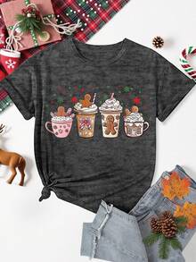 EMERY ROSE Christmas Coffee Gingerbread Printed Casual Plus Size T-Shirt - Dark Grey - View 3