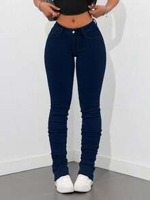 Jeanoix Spring Plus Size Women High Waist Skinny Personalized Fashion Jeans - Dark Wash - View 5