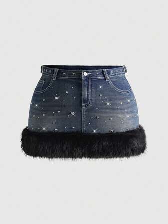 Grunge Punk Minifalda de mezclilla con tachuelas y ribete de pelo para mujer de talla grande, sexy y con estilo, para otoño/invierno