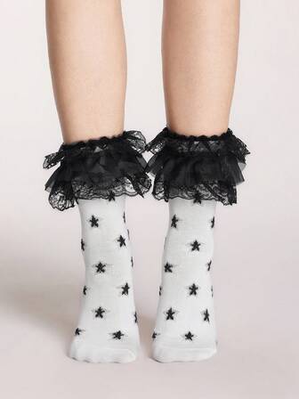 Kawaii 2 pares de calentadores de pierna de media pantorrilla con contraste de notas musicales en blanco y negro de estilo punk Y2K y set de calentadores de pierna de encaje de unicolor con borde de encaje sexy, adecuados para festivales de música, atuendos inspirados en anime, uso casual