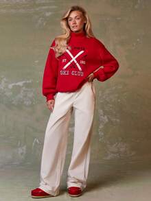 Athîral 2025 Winterkollektion Neuheit: Locker sitzender bestickter Grafik "SKI CLUB" Sweatshirt, roter Sweatshirt, perfekt für Winter, Weihnachten, Feiertage, bequem, süß, Feiertage, Lässig Feiertage, Après-Ski Tragen, Winteroberbekleidung - Rot - Übersicht 3