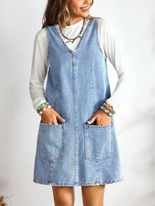 EMERY ROSE Women's V-Neck Sleeveless Casual Denim Bib Dress With Dual Pockets - Light Wash - View 4