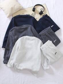 SHEIN Explorewe Tween Boys Multi-Piece Casual Boys Embroidered Letter Crew Neck Long Sleeve Sweatshirt With Loose Fit Pants, Featuring English Letter Graphics, Relaxed Silhouette, Comfortable Fabric, Suitable For Halloween, School, Street Dance, Night Party, Live House, Music Concerts In Autumn/Winter - Multicolor - View 2