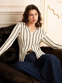 Lilora Women's Elegant Off-White Striped Long-Sleeved Pullover Sweater,Autumn Brunch Casual Chic,Old Money Style,Vintage Retro Boho,Modest Commuting Outing - Yellow - View 6