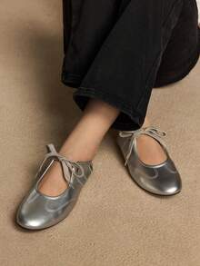 Rosivie 女士新款黑色圆头平底鞋，弹力皮革时尚芭蕾平底鞋，舒适防滑外底，适合户外、日常通勤、春夏季 - 銀色 - 查看 7