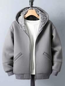 SHEIN Teen Boys' Gray Fluffy Lined Simple Silhouette Jacket, Casual Collegiate Style, Comfortable & Fashionable, Versatile & Practical, Soft Fabric, Suitable For Daily Wear, School, Outings, Outdoor Activities, Teen Boys Grey Hoodies Teen Boys Thermal Lined Hoodie Grey Hooded Jacket Teens Teen Boys Gray Hoodie Jacket Boys Gray Zip Up Hoodie Gray Jacket For Teens Boys Winter Hoodie Teen Hoodies Boys Zipper Jackets Hoodie With Pockets Boys Jackets For Teen Boys Jogging Plush Puffer Grey Gray Jacket Teen - Grey - View 1