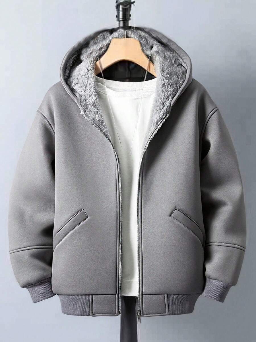 SHEIN Teen Boys' Gray Fluffy Lined Simple Silhouette Jacket, Casual Collegiate Style, Comfortable & Fashionable, Versatile & Practical, Soft Fabric, Suitable For Daily Wear, School, Outings, Outdoor Activities, Teen Boys Grey Hoodies Teen Boys Thermal Lined Hoodie Grey Hooded Jacket Teens Teen Boys Gray Hoodie Jacket Boys Gray Zip Up Hoodie Gray Jacket For Teens Boys Winter Hoodie Teen Hoodies Boys Zipper Jackets Hoodie With Pockets Boys Jackets For Teen Boys Jogging Plush Puffer Grey Gray Jacket Teen - Grey - View 1
