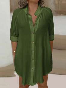 EMERY ROSE Plus Size Women's Solid Color Long Sleeve Single-Breasted Casual Loose Long Shirt - Army Green - View 1