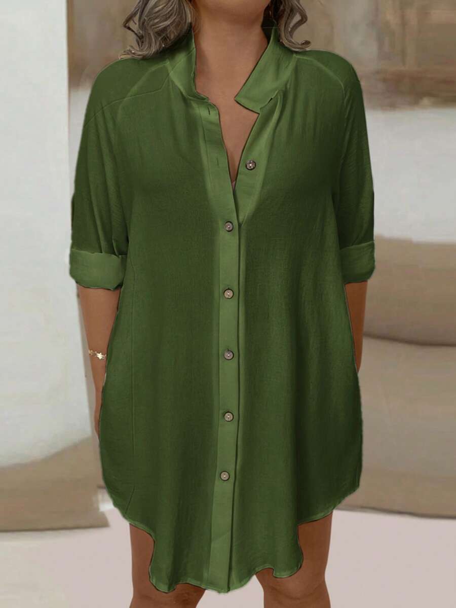 EMERY ROSE Plus Size Women's Solid Color Long Sleeve Single-Breasted Casual Loose Long Shirt - Army Green - View 1