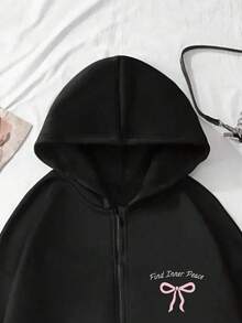 少女休闲时尚简约可爱蝴蝶结字母印花拉链卫衣外套，适合户外运动，舒适连帽卫衣 - 黑色 - 查看 3