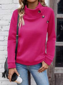 SHEIN LUNE Áo nỉ lông cừu ấm áp cổ cao tay raglan đơn sắc dành cho nữ - Màu Hồng Tươi - Xem 3