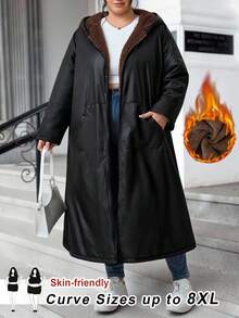 SHEIN CURVE+ Plus Size Front Zipper Long Sleeved Pocket Minimalist Black  Fabric Hooded Jacket, Casual Daily Autumn And Winter Wear, Autumn And Winter Long Jacket - Black - View 8