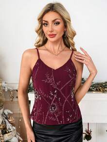 Gownix 亮片刺绣吊带背心，时尚优雅，适合派对、新年、圣诞节等场合，亮片闪耀夺目。 - 紅色 - 查看 1