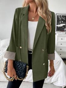 Franclia 法式格纹袖口略修身休闲通勤夏季西装外套 - 軍綠色 - 查看 3