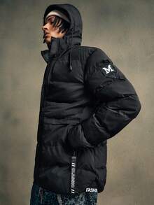 AXEPEAK Men's Letter Graphic Zip-Up Casual Loose Fit Hooded Long Sleeve Coat, Winter - Black - View 7