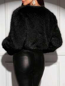 SHEIN Clasi Women's Solid Color Minimalist Long Sleeve Fluffy Coat In Fall/Winter,Women's Winter Clothes,Fall,Fall Clothes For Women - Black - View 2