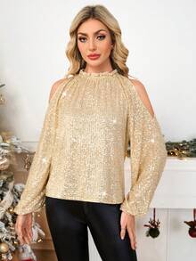 SHEIN Clasi 女式亮片长袖露肩上衣，适合派对、圣诞节、新年 - 金色 - 查看 3