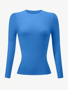 Almamuse Áo thun cổ tròn tay dài ôm vừa vặn màu xanh dương nhiều màu cỡ lớn dành cho nữ - Xanh đậm - Xem 3