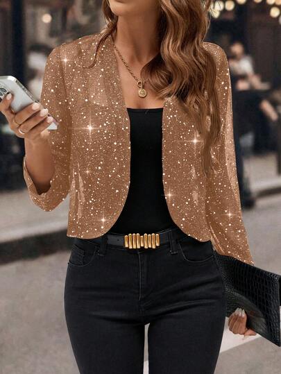 Editum Áo khoác blazer lấp lánh sequin cho nữ, áo khoác lửng hở trước tay 3/4, trang phục công sở thường ngày cho nữ vào mùa thu/đông