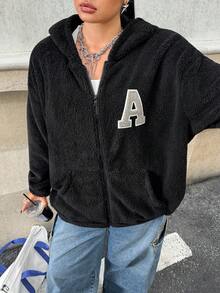 SHEIN EZwear Áo khoác nỉ có mũ trùm đầu họa tiết chữ cái cỡ lớn dành cho nữ, mùa thu/đông - màu đen - Xem 1